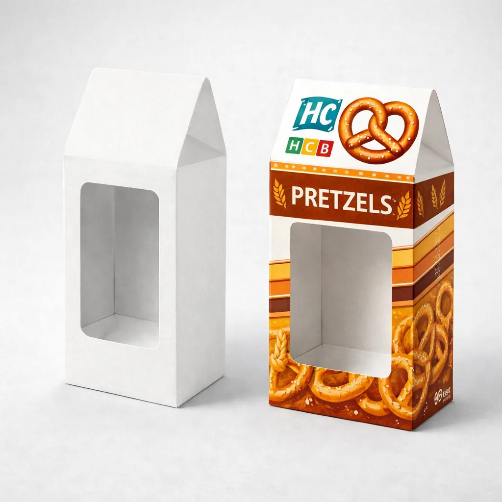 Upright packaging boxes featuring a transparent rectangular window on the front panel for product visibility. class=